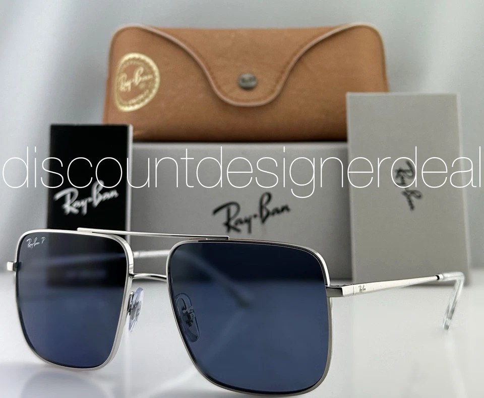 Ray-Ban RB3758 003/2V Square Sunglasses Silver Frame Blue Polarized Lens 56mm