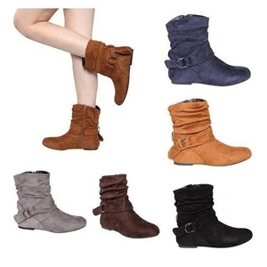 Women's Zipper Flat Ankle Boots Low Heel Black Winter Snow School Work - Picture 1 of 23