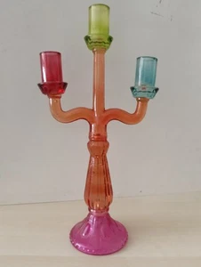 CANDELABRO VETRO COLORATO MAI UGUALI 3 POSIZIONI CANDELE (ESCLUSE) cm 42 x 11 - Foto 1 di 4
