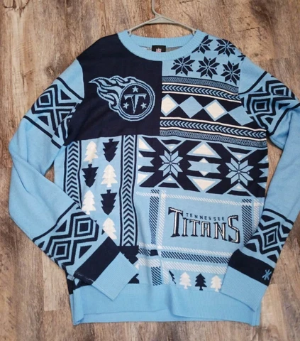 Tennessee Titans Ugly Christmas Sweater Men's Large Busy Block Licensed Blue NFL Cover