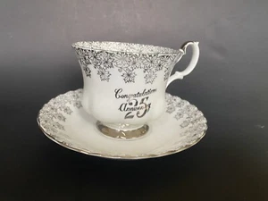 Vtg Royal Albert Silver Chintz Leaf Congrat 25th Anniversary Tea Cup And Saucer - Bild 1 von 5