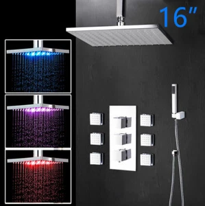 Bathroom LED Rain Shower Set 6 Body System Jets Hand Spray Mixer Taps Wall Mount - Picture 1 of 12