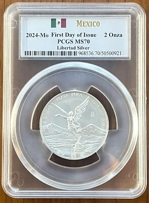2024-Mo Mexico Silver Libertad 2 Onza MS70 PCGS 70 First Day of Issue Flag Label - Image 1 of 2
