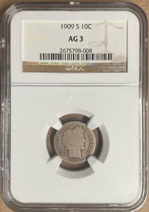 1909-S NGC AG3 Barber Dime 10c - San Francisco Mint - Picture 1 of 2