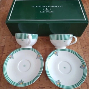 Valentino Garavani White Green Cup Saucer Pair Set - Picture 1 of 8