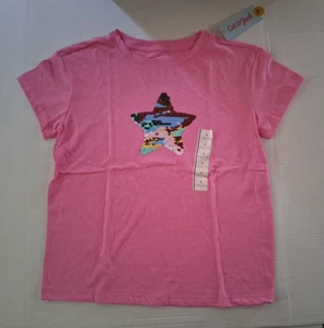 Cat & Jack Flip Sequin Star Top Girls Size Large 10-12 Pink Short Sleeve Shirt - Picture 1 of 5