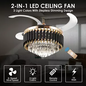 42" Ceiling Fan LED Light w/ Remote Retractable Blades Crystal Chandelier Black - Picture 1 of 15