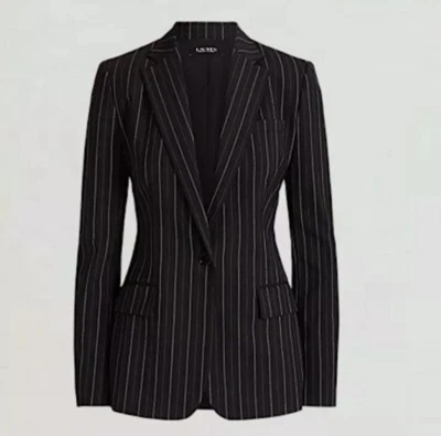 Blazer Ralph Lauren Mujer Negro Rayas Lino Mezcla Lana Talla 10 Venta al por menor $325 Foto 1 de 4