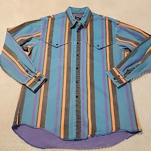 VTG Wrangler Brushpopper Shirt Mens 17X35 X Long Tails Striped 90s Made In USA - Picture 1 of 8