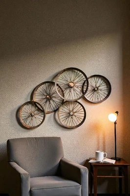 Rueda de bicicleta de metal rústico arte de pared industrial granja loft decoración 5 ruedas Foto 1 de 4