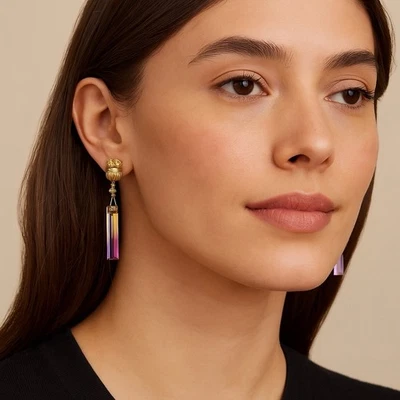 14K Yellow Gold Acorn Bi-Color Ametrine Diamond Vintage Duster Dangle Earrings - Image 1 of 4