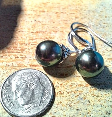 Black Cultured Tahitian Pearl Rhodium Over Sterling Silver Drop Earrings 9.5 mm - Image 1 of 4