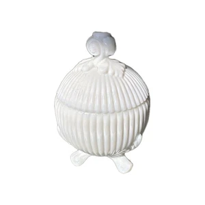 Westmoreland 1940’s Milk Glass Ribbed Ball Egg Shape 3 Footed Candy Dish w/ Lid - Picture 1 of 8