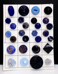 Vintage Czech Glass Buttons Collectors Card Blue Art Deco Paint Luster 28p - Picture 1 of 20