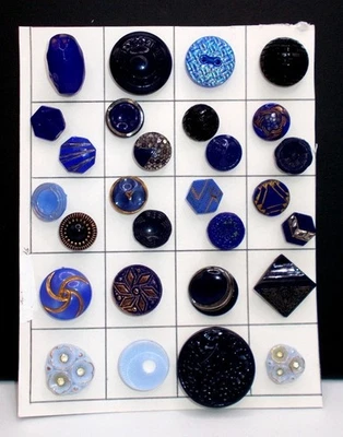 Vintage Czech Glass Buttons Collectors Card Blue Art Deco Paint Luster 28p - Image 1 of 4