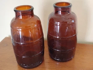 Pair Of Vintage Barrel Shaped Glass Bottle Brown Beer Big Mouth Bottle c1972 - Picture 1 of 8