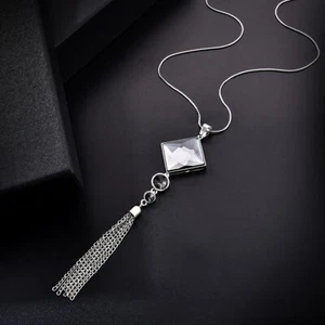 Fashion Women Lady Big Rhinestone Crystal Square Pendant Long Chain Tassel - Picture 1 of 6
