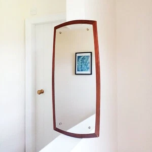 70s Mid Century Modern Teak Framed Wall Mirror Portrait or Landscape 31 x 14" - Picture 1 of 8