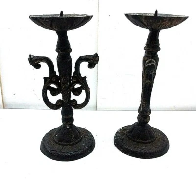 Pillar Candle Holder Pair Solid Wrought Iron Rustic Decorative Candlestick Stand - Image 1 of 4