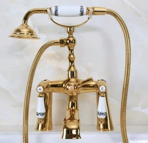 Deck Mount Polished Gold Clawfoot Bath Tub Faucet Mixer Tap With Hand Shower - Picture 1 of 7