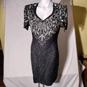 Lawrence Kazar Beaded Black and Silver Silk Party Dress Glamour -Imperfect - Picture 1 of 24