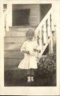 RPPC Young girl striped socks~ morning glory in metal tub~ 1904-20s postcard