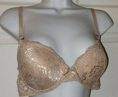Isaac Mizrahi Beige Bra Size 36C Floral Lace Light Padding Removeable Straps Bow - Image 1 of 4