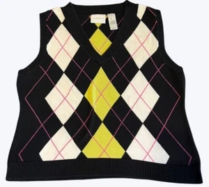 Liz Claiborne Large Sweater Vest Cableknit White Argyle Black Yellow - Picture 1 of 2