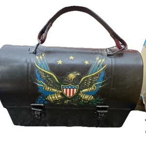 Black Metal Lunch Box Eagle Crest Flag Vintage Dome-Top No Thermos - Picture 1 of 15
