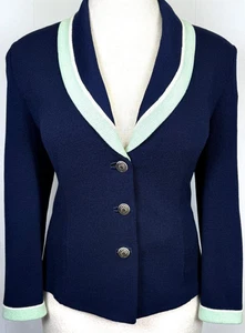 Bonita Chaqueta St John Tejida en Azul Marino con Borde Verde Blanco Logo Botones Talla 10 - Imagen 1 de 5
