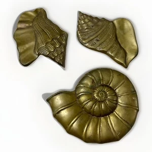 MCM Vintage Solid Brass Sea Shell Wall Hanging Decor Set of 3 Art Deco - Picture 1 of 2