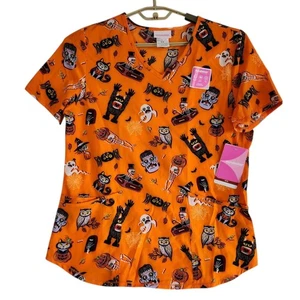 Scrubstar V Neck Scrub Top Womens Size Medium Orange Halloween Theme New - Picture 1 of 7