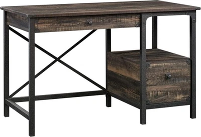 Sauder Desk Steel Metal Wood Two Drawers & Open Shelf Pedestal Desk, Carbon Oak - Image 1 of 4