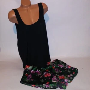 Victoria Secret Pajama Set XL Black Green Tank Top & Shorts Sleepwear Floral New - Picture 1 of 9