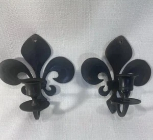 Vintage Two Fleur de Lis Wall Sconce Brass Candle Holders - Picture 1 of 7
