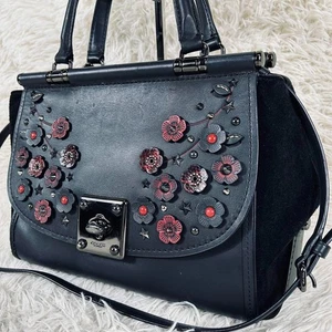 COACH 59522 Tea Rose Drifter 2way Flower Stud Shoulder Bag Black Leather Used - Picture 1 of 10