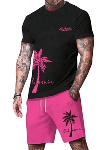 Men's 2 Pieces Outfit Short Sleeve Hawaiian Print Tee and Graphic Drawstring ... - Picture 1 of 8