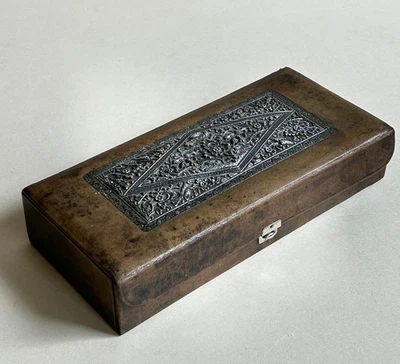 Lederschatulle Kasten Leder Silberrelief  19. Jh. - Bild 1 von 4