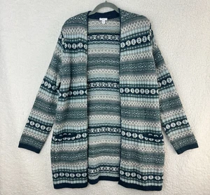 J. Jill Cardigan Sweater Womens Medium Blue Fair Isle Knit Long Sleeve Open Soft - Picture 1 of 9