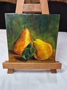 "Pears With Leaf" Oil On Canvas Signed By Virgilla 6" x 6" EASEL NOT INCLUDED - Picture 1 of 13