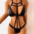 Women Sexy Hollow Out Wet Look Pu Leather Club Lingerie Stretch Bodysuit