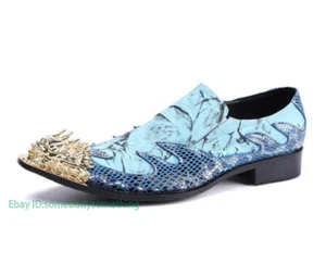 Men's Fashion Metal Pointy Toe Business Real Leather Slip On Party Shoes Wedding - Picture 1 of 9