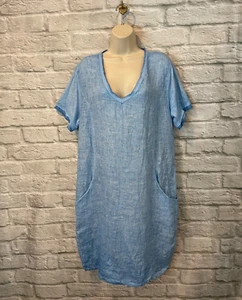 Vestido para mujer Gigi Moda azul italiano lino/algodón con bolsillos talla L/XL NUEVO - Imagen 1 de 7