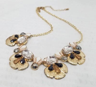 Pink Taupe Black & White Crystal Gold Tone Floral Tile Bib Choker Chain Necklace - Image 1 of 4