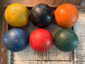 Vtg Croquet Balls 3" Set Of 6 Solid Colors ~ Red Orange Yellow Blue Green Black