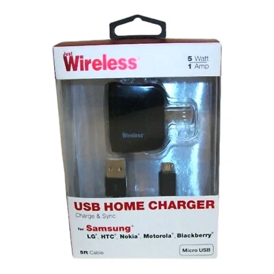 Cargador doméstico USB inalámbrico Just con cable micro USB de 5 pies negro nuevo Foto 1 de 4