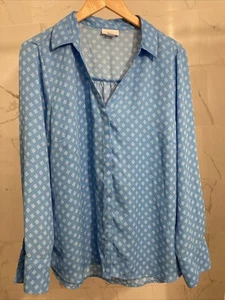 Liz Claiborne Floral Blouse Long Sleeve Elegant Top Blue White XXL - Picture 1 of 4