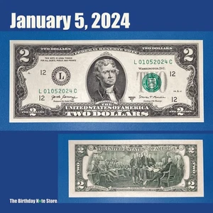 January 5, 2024 Birthday Anniversary $2 Two Dollar Bill Serial Number 01052024 - Picture 1 of 2