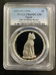 Egypt AH1414-1993 5 Pounds / Goddess Bastet / Km794 / PCGS PR69DCAM / Beautiful! - Picture 1 of 6