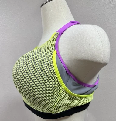 Reggiseno sportivo Victoria Secret 38DD maglia viola grigio giallo leggermente foderato schiena incrociata - Immagine 1 di 4